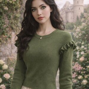 J.Crew Pine Green Ruffle Shoulder Sweater | Romantic Castlecore Cottagecore